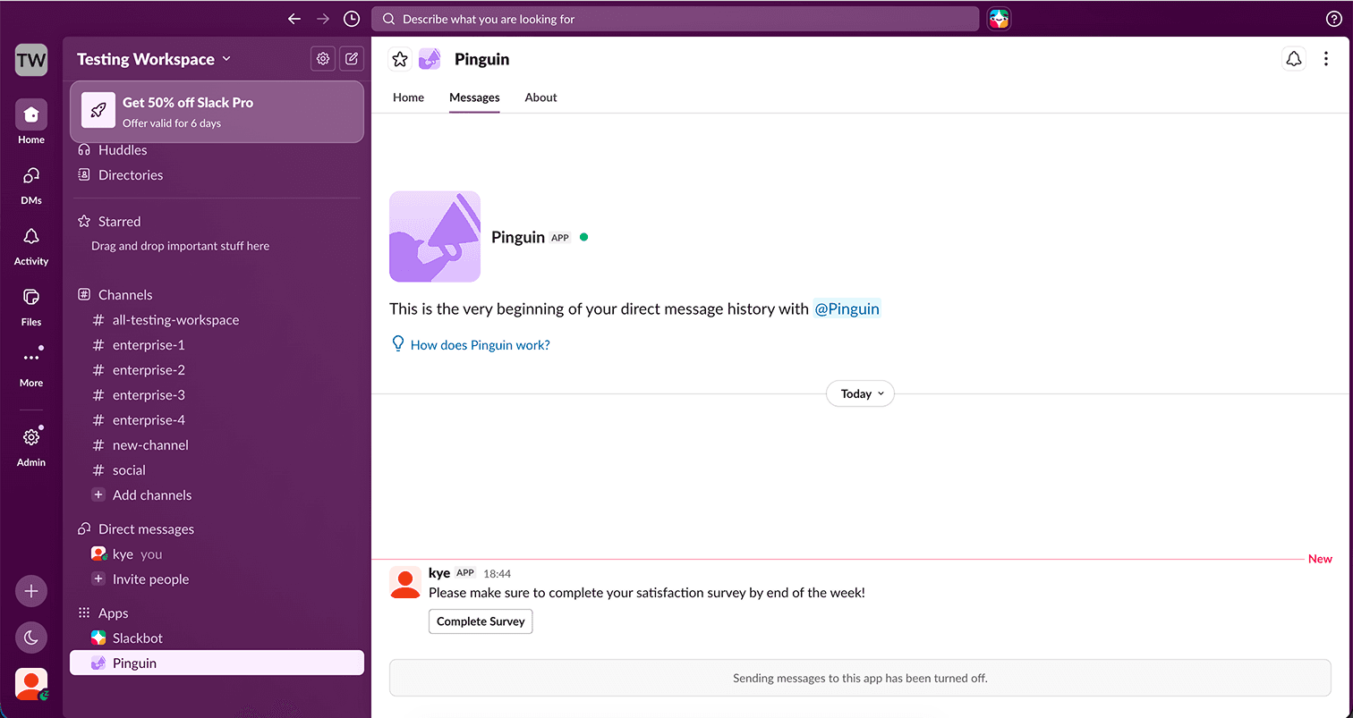 Delivered Slack message showing the CTA button below the message text