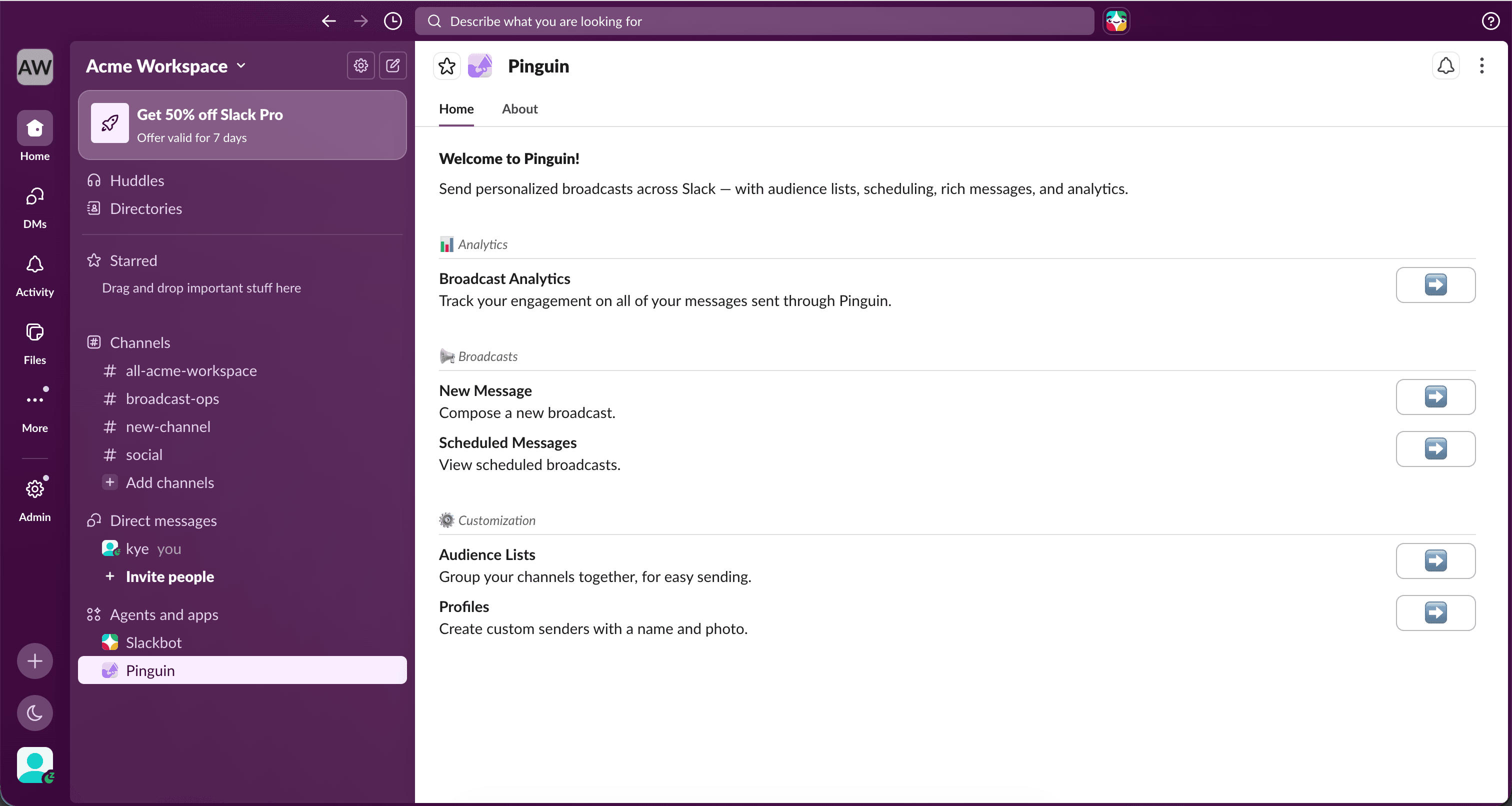 Pinguin home tab with Audience Lists selected