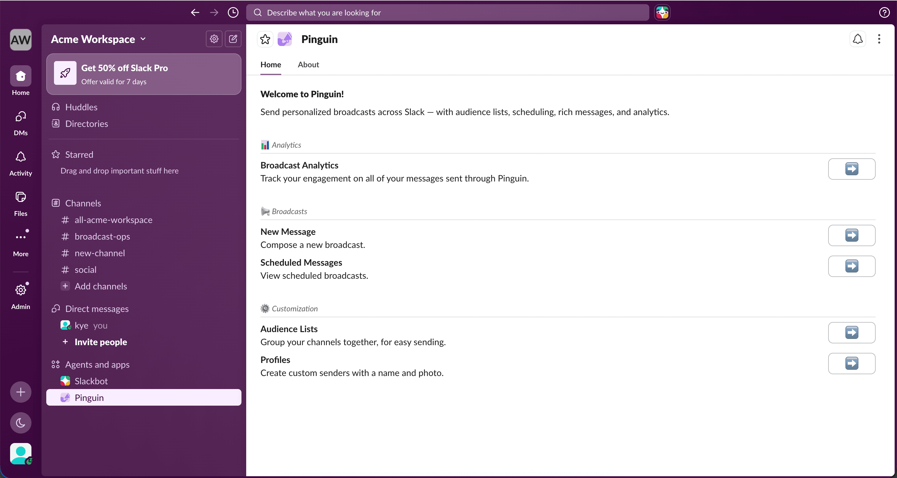 Pinguin app home showing the Broadcast Analytics section