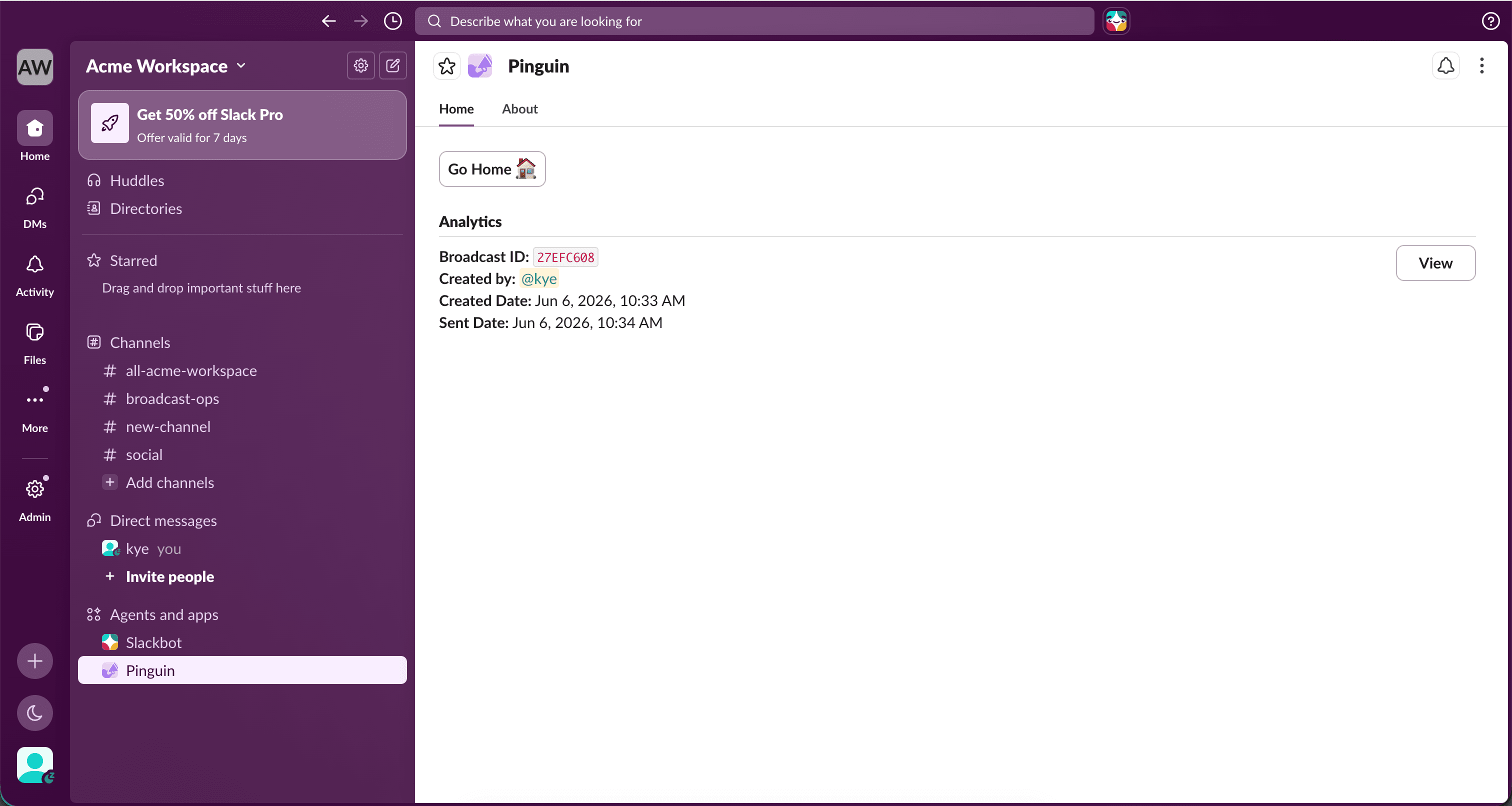Broadcast Analytics list with View button on a broadcast