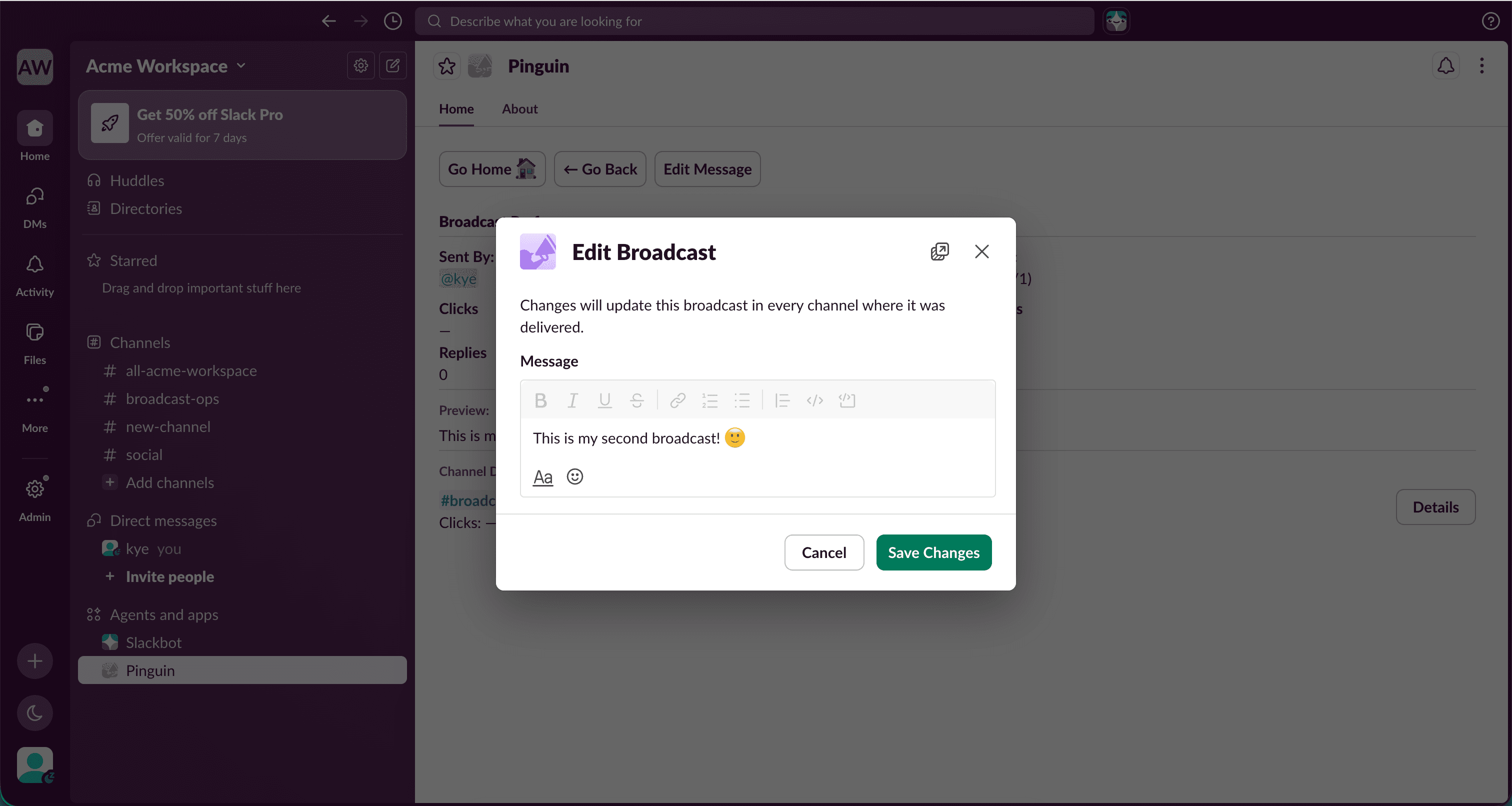 Message composer with edited broadcast text and Save Changes button