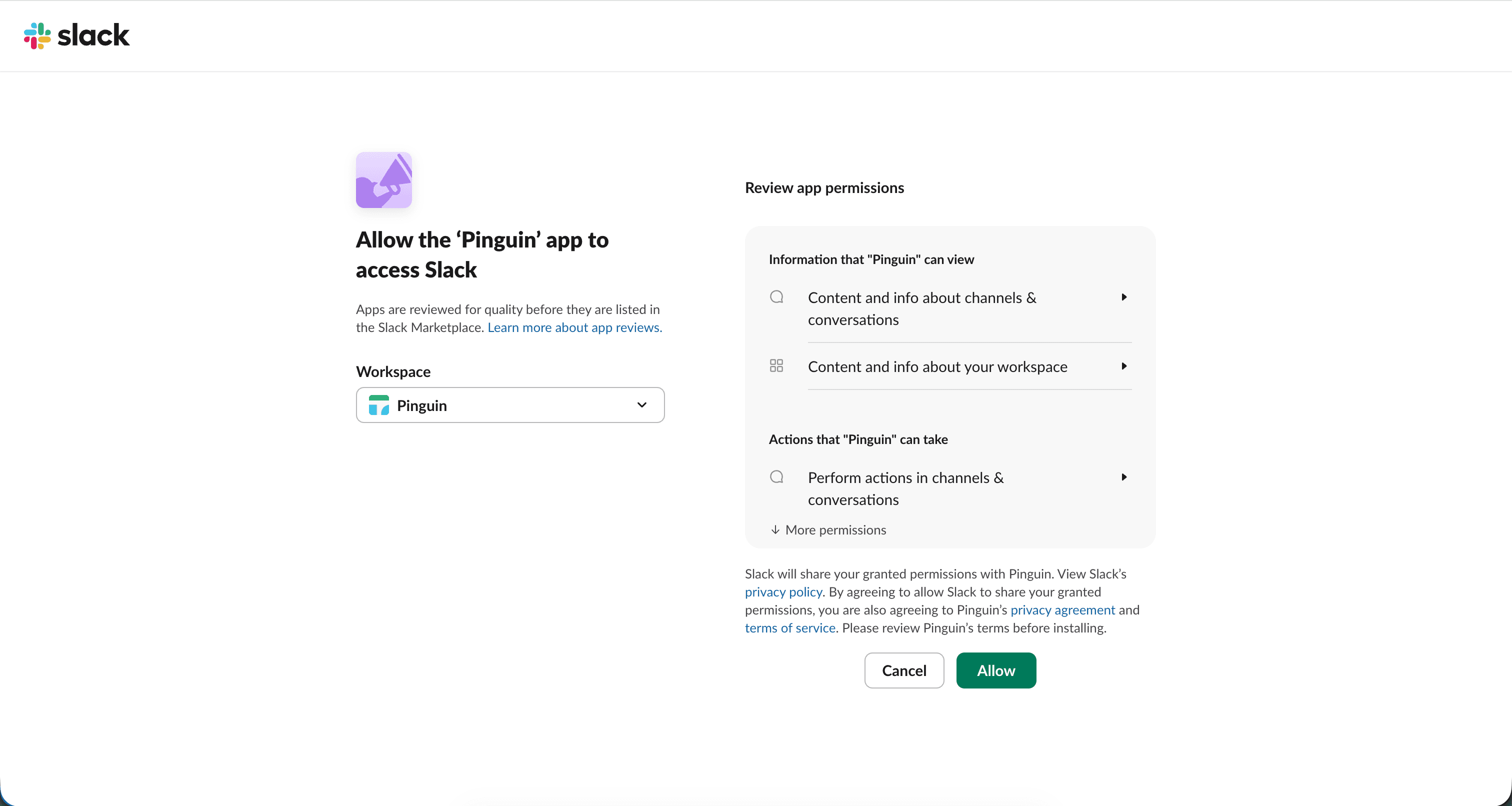 Slack install prompt for Pinguin after clicking Add to Slack