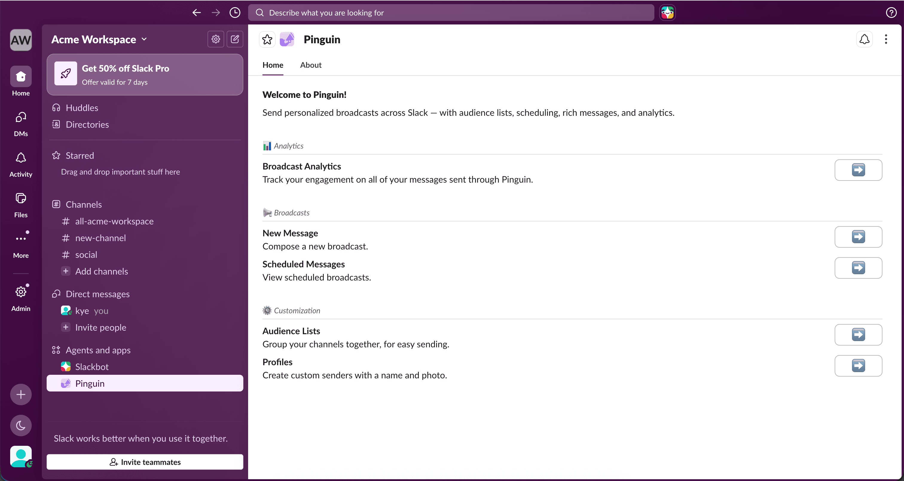 Pinguin app Home tab in Slack after installation