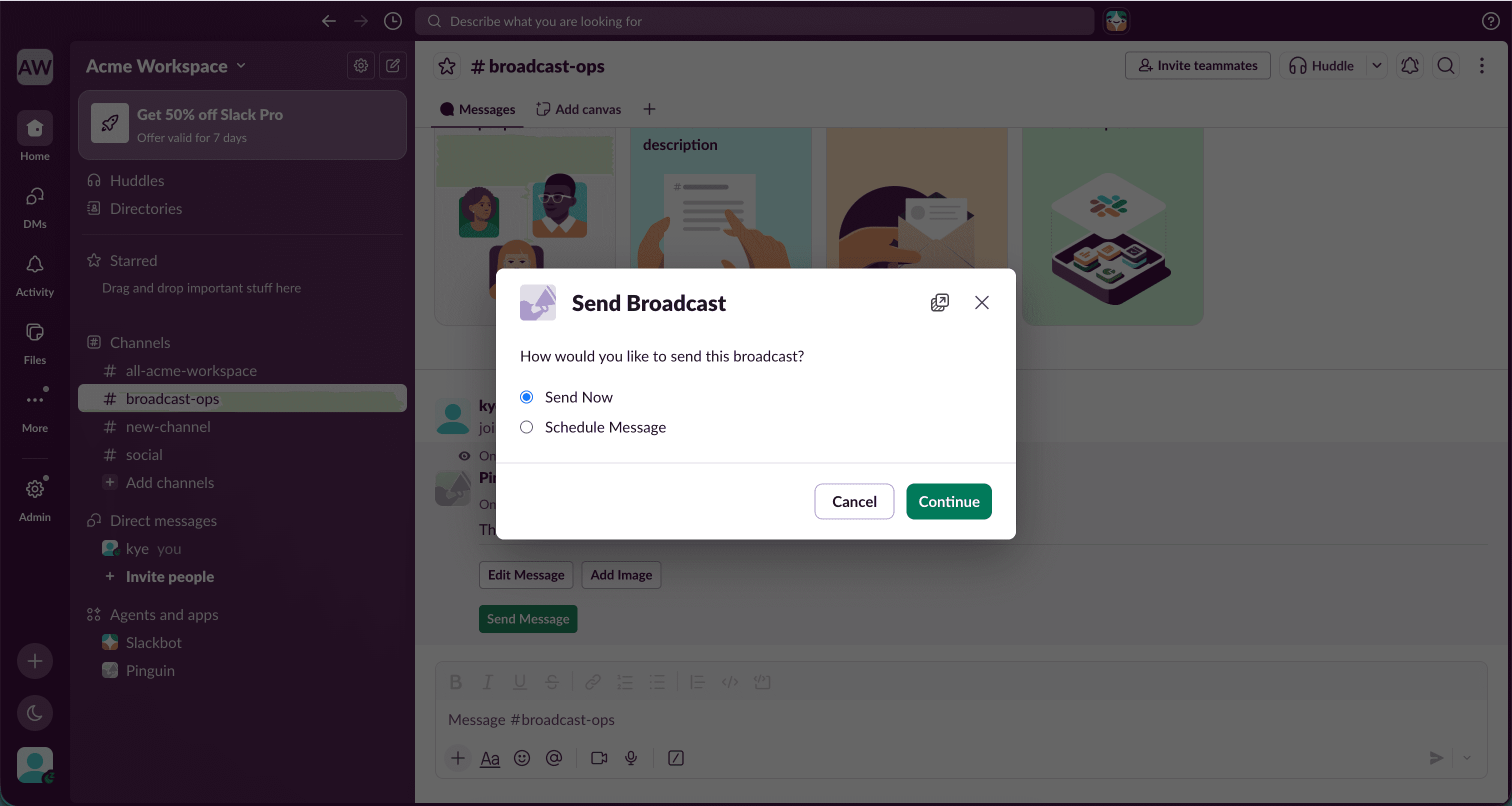 Options to schedule a broadcast or send immediately