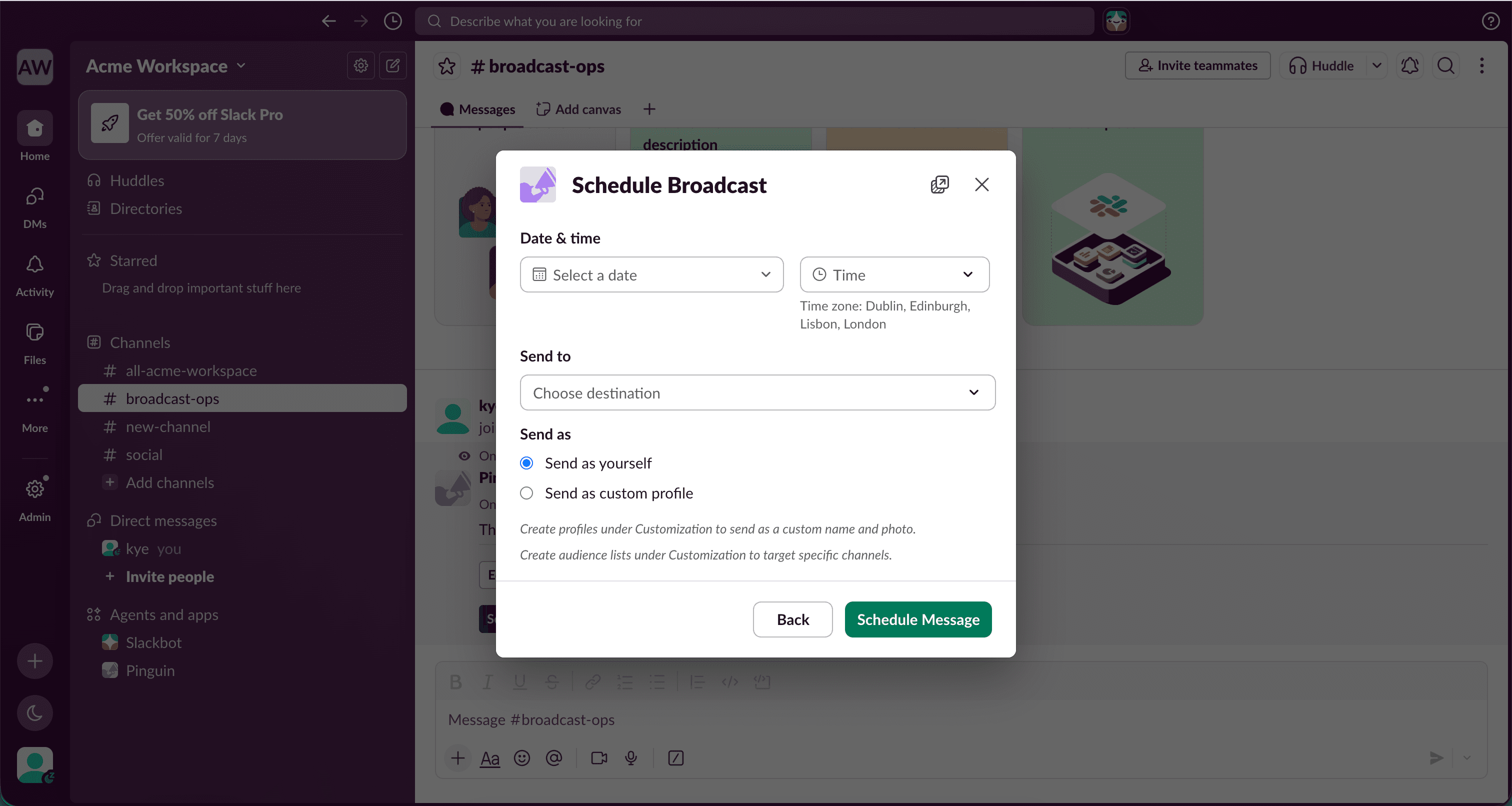 Schedule broadcast date and time picker