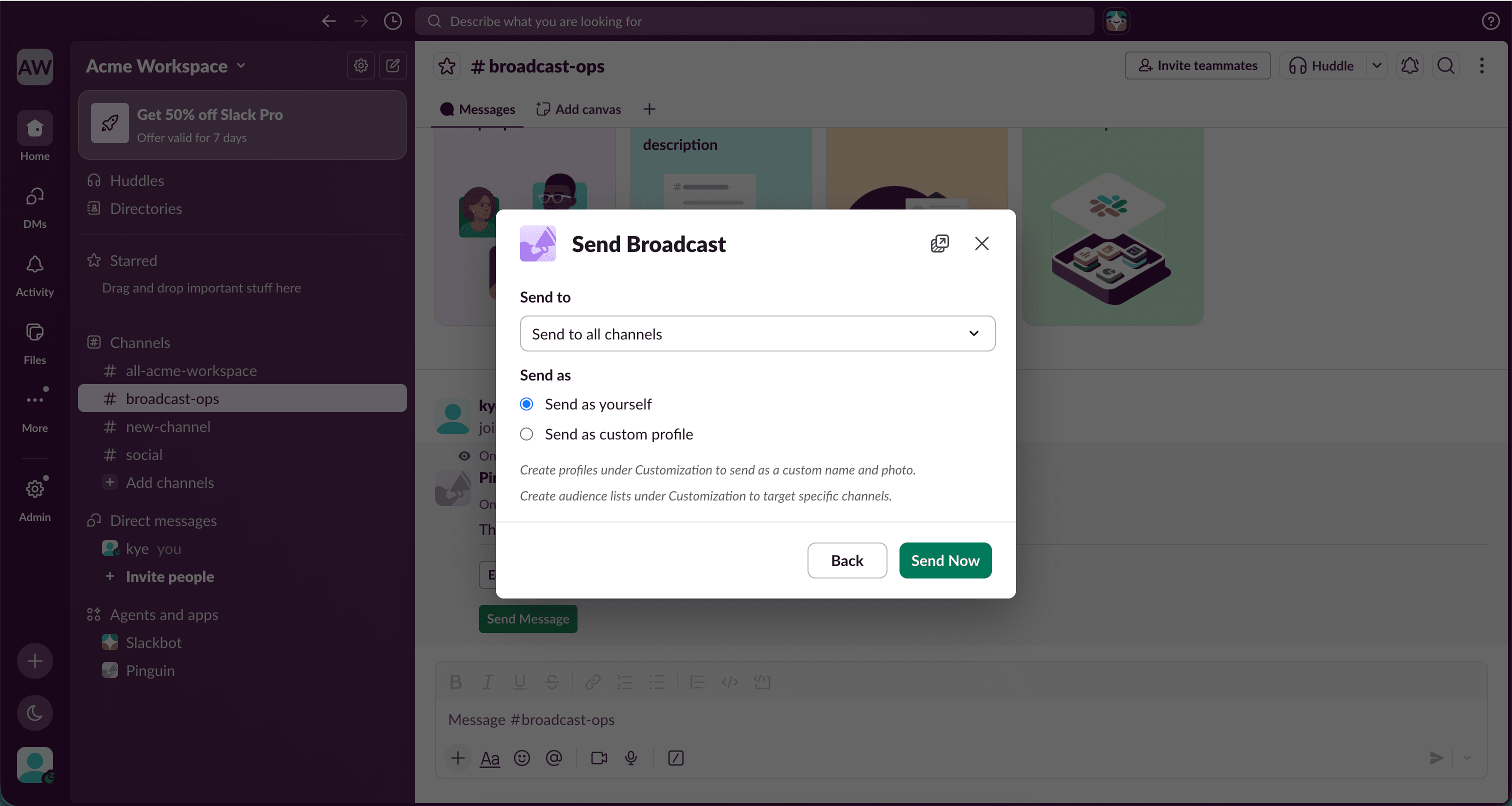 Selecting broadcast destination, audience list, and sender