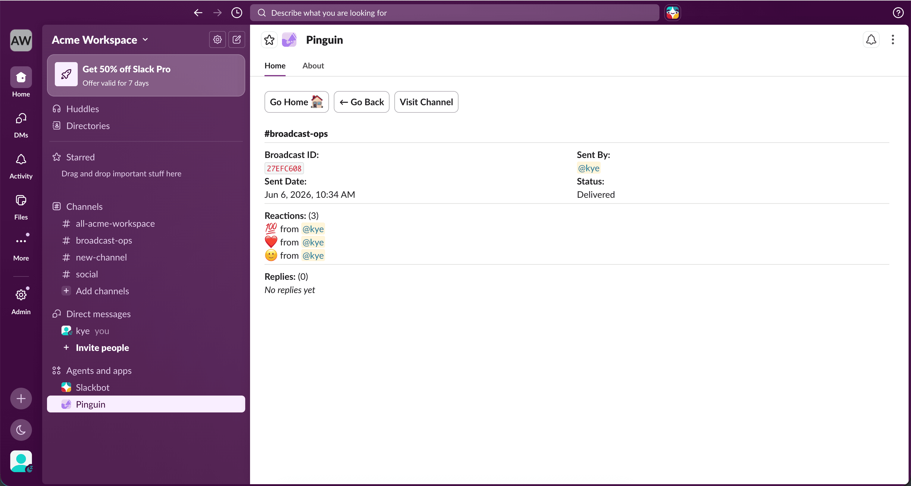 Pinguin Analytics dashboard showing reactions and replies