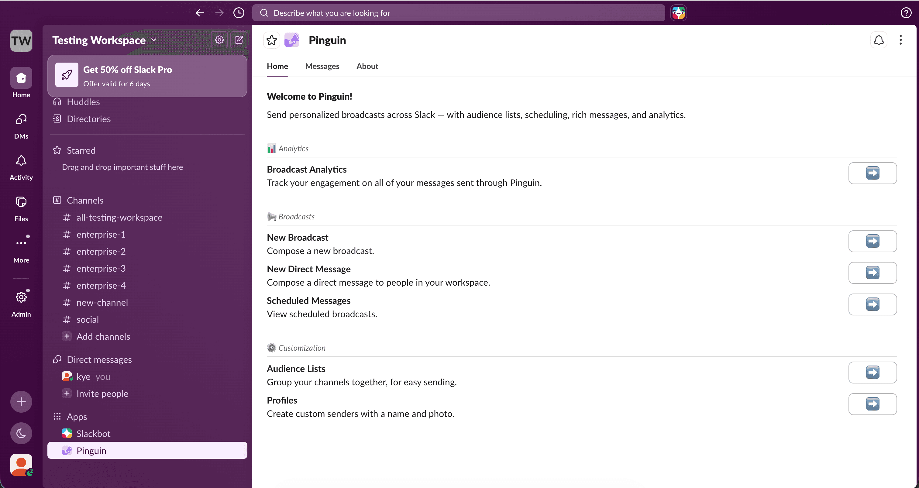 Pinguin home tab with New Direct Message selected, or typing /sendmessage in Slack
