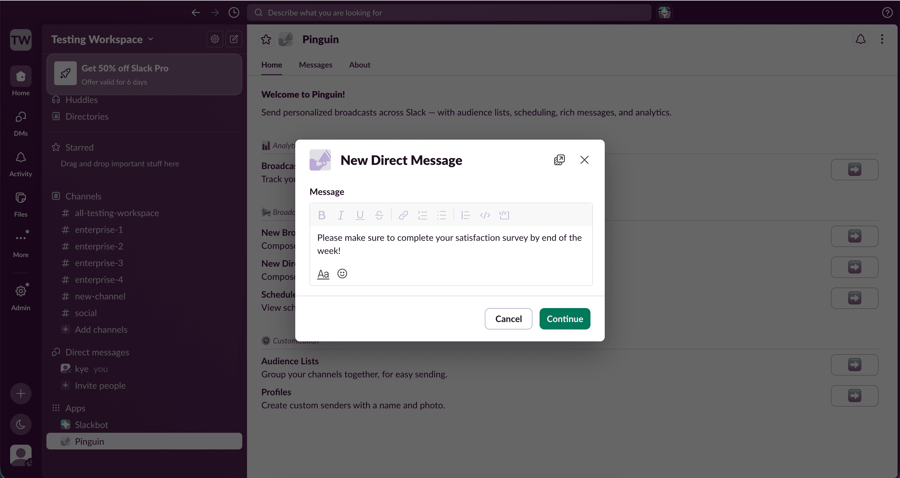 Composing a direct message in Pinguin