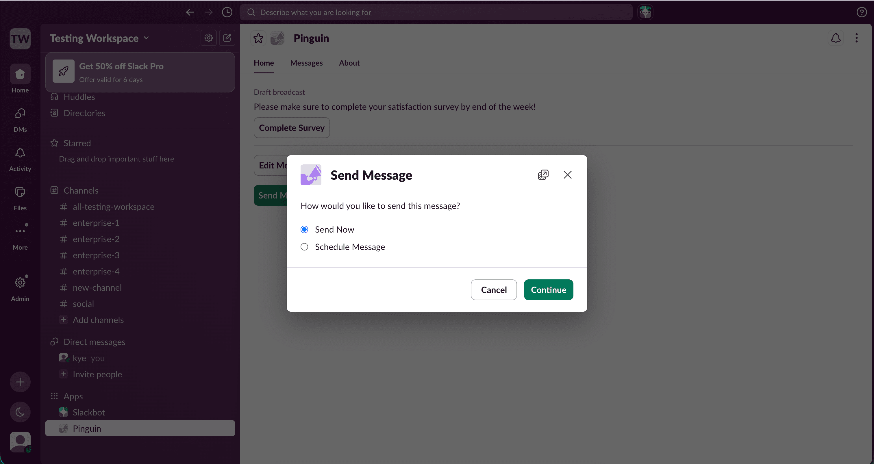 Options to send a direct message now or schedule for later